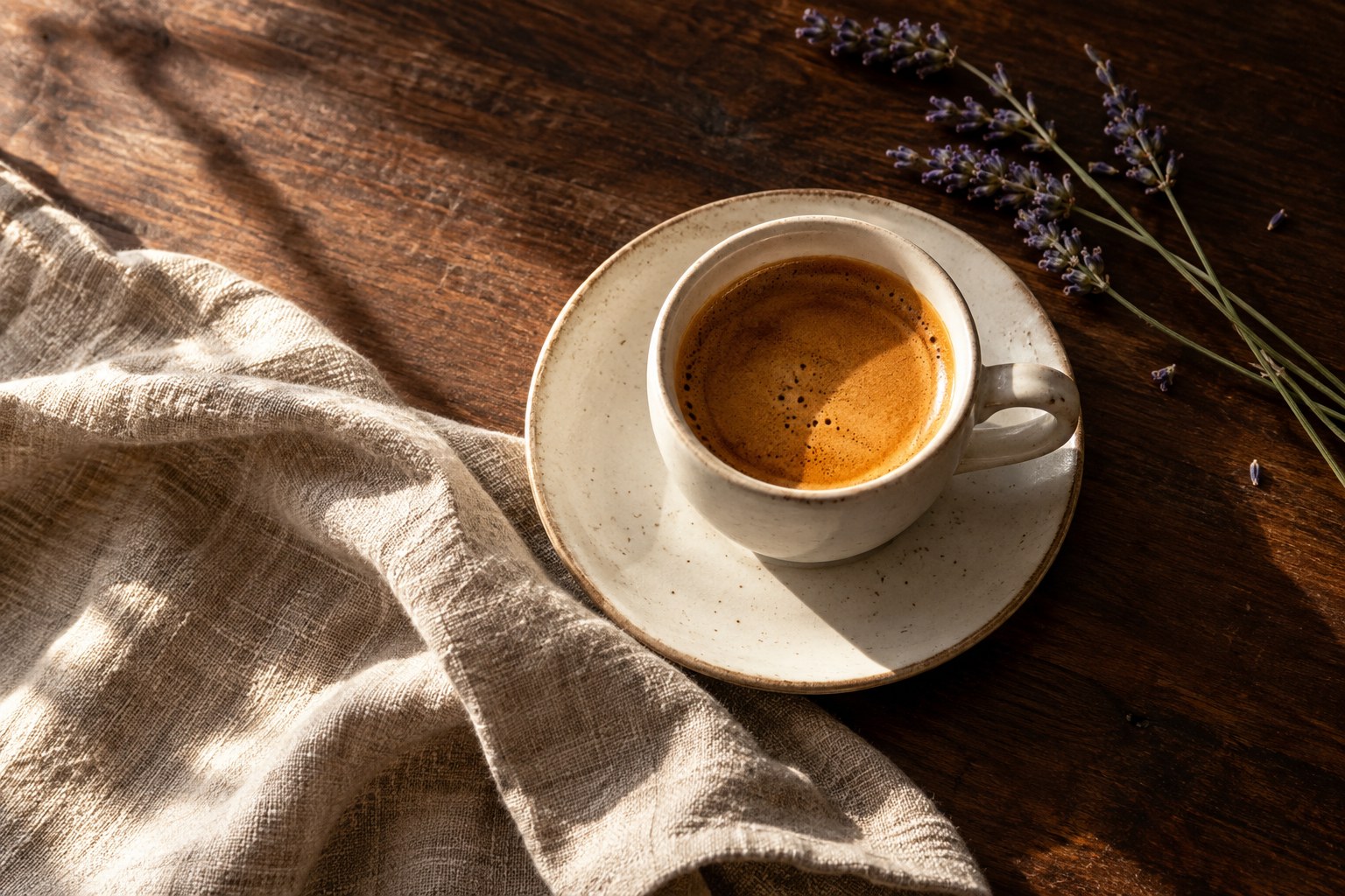 Espresso and lavender on a sunlit café table