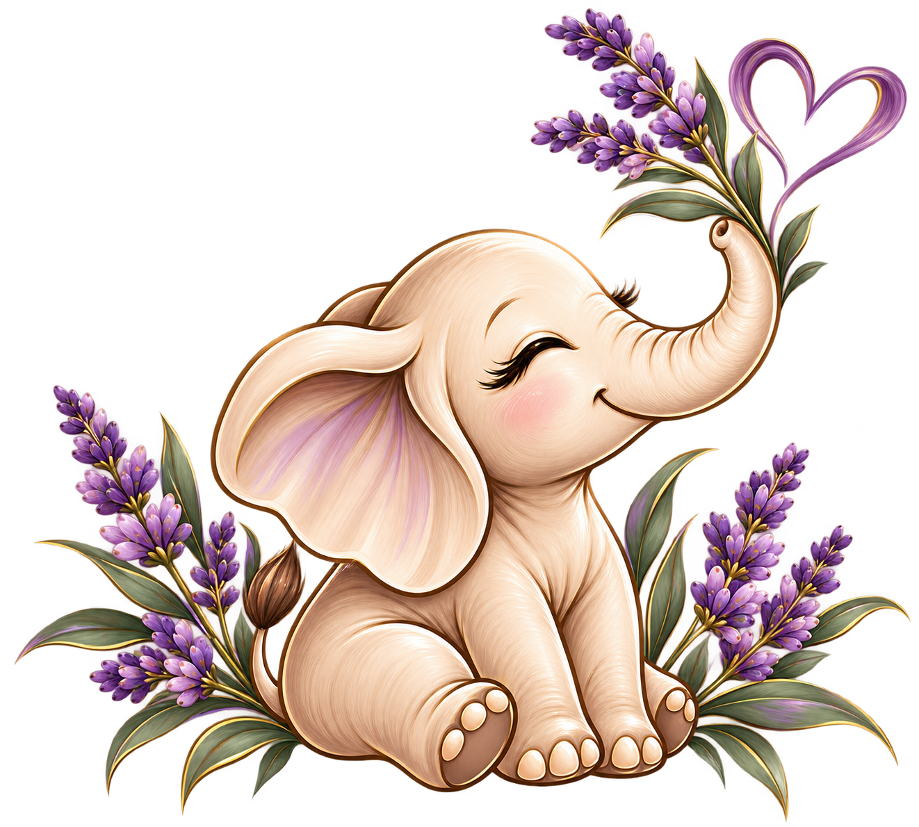 Amani elephant holding lavender with a purple heart